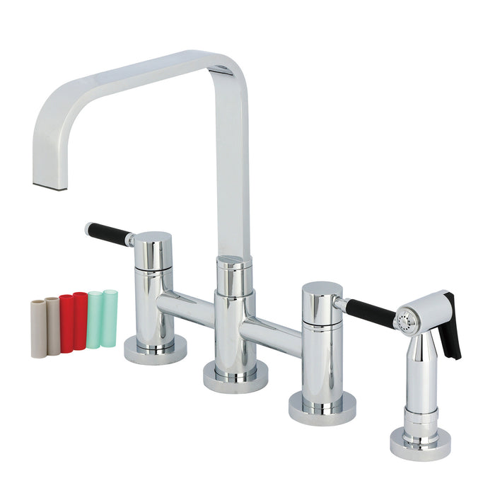 Kingston Sona KS8251DKLBS - Kaiser Two-Handle 4-Hole Deck Mount Bridge Kitchen Faucet with Brass Sprayer, Polished Chrome