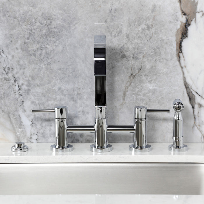 Kingston Sona KS8251DLBS - Concord Two-Handle 4-Hole Deck Mount Bridge Kitchen Faucet with Brass Sprayer, Polished Chrome
