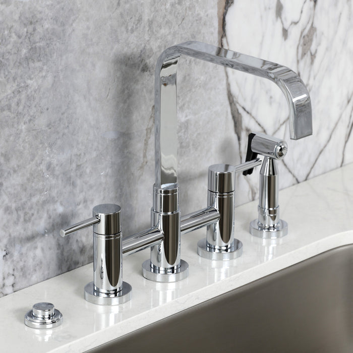 Kingston Sona KS8251DLBS - Concord Two-Handle 4-Hole Deck Mount Bridge Kitchen Faucet with Brass Sprayer, Polished Chrome