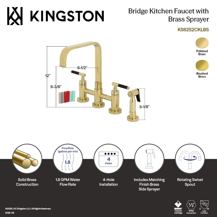 Kingston Sona KS8252CKLBS - Kaiser Two-Handle 4-Hole Deck Mount Bridge Kitchen Faucet with Brass Sprayer, Polished Brass