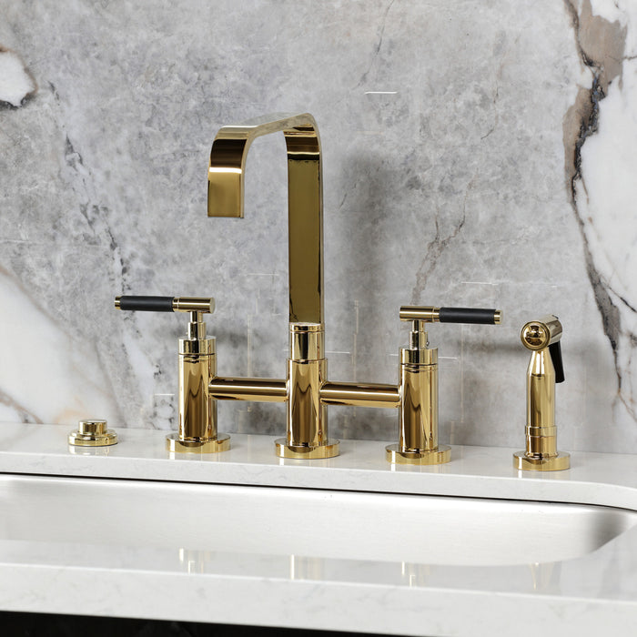 Kingston Sona KS8252CKLBS - Kaiser Two-Handle 4-Hole Deck Mount Bridge Kitchen Faucet with Brass Sprayer, Polished Brass