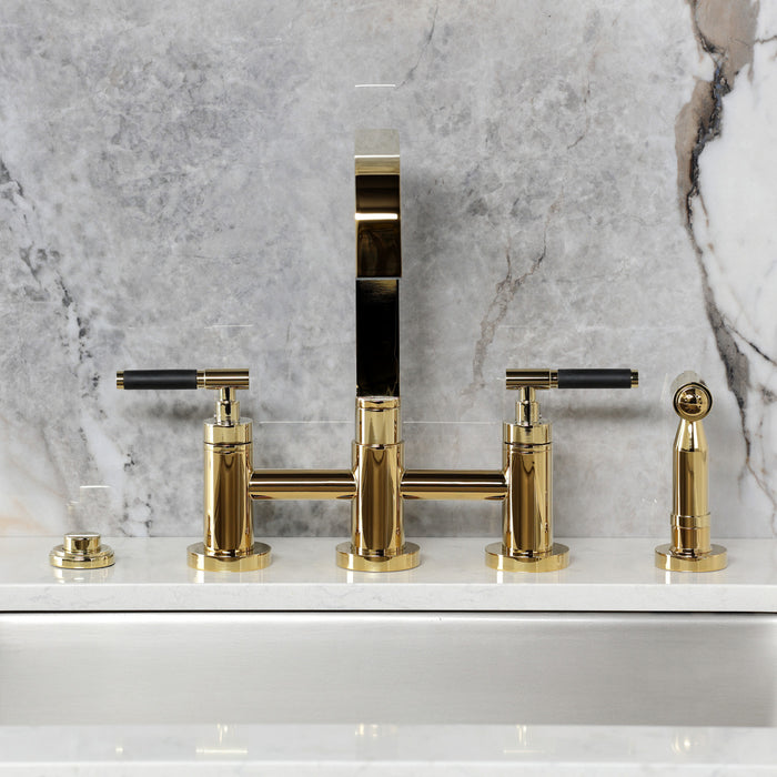 Kingston Sona KS8252CKLBS - Kaiser Two-Handle 4-Hole Deck Mount Bridge Kitchen Faucet with Brass Sprayer, Polished Brass