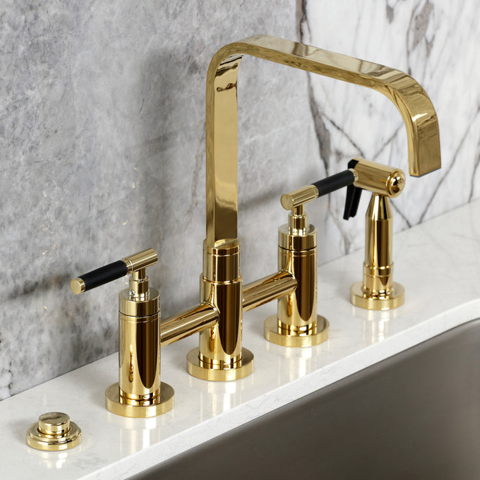 Kingston Sona KS8252CKLBS - Kaiser Two-Handle 4-Hole Deck Mount Bridge Kitchen Faucet with Brass Sprayer, Polished Brass