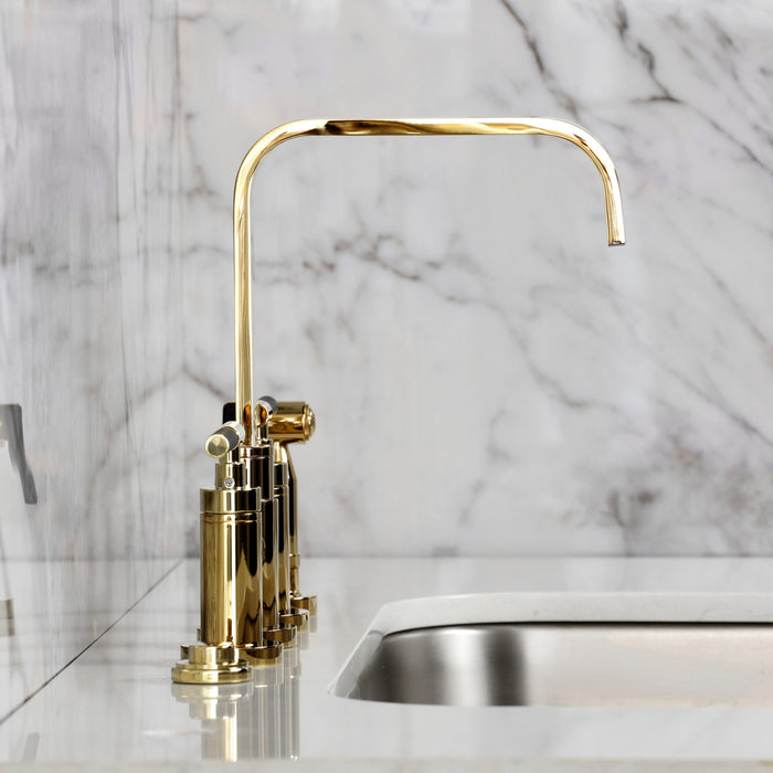 Kingston Sona KS8252CKLBS - Kaiser Two-Handle 4-Hole Deck Mount Bridge Kitchen Faucet with Brass Sprayer, Polished Brass