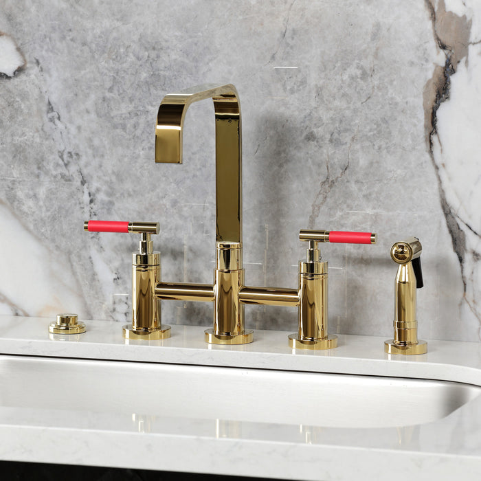 Kingston Sona KS8252CKLBS - Kaiser Two-Handle 4-Hole Deck Mount Bridge Kitchen Faucet with Brass Sprayer, Polished Brass