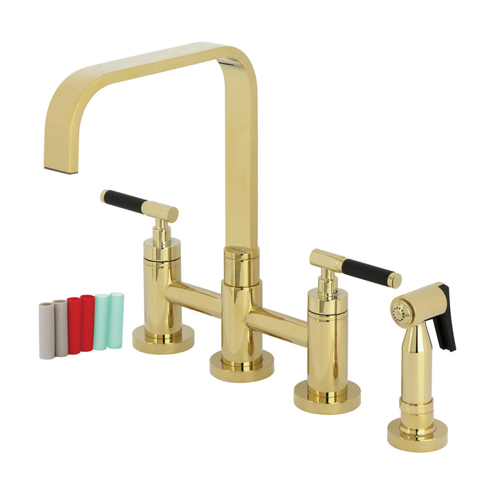 Kingston Sona KS8252CKLBS - Kaiser Two-Handle 4-Hole Deck Mount Bridge Kitchen Faucet with Brass Sprayer, Polished Brass
