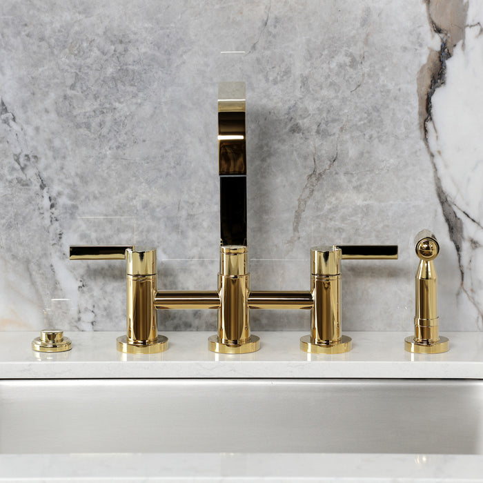 Kingston Sona KS8252CTLBS - Continental Two-Handle 4-Hole Deck Mount Bridge Kitchen Faucet with Brass Sprayer, Polished Brass