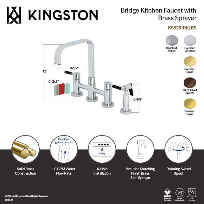 Kingston Sona KS8252DKLBS - Kaiser Two-Handle 4-Hole Deck Mount Bridge Kitchen Faucet with Brass Sprayer, Polished Brass