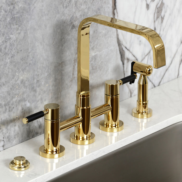 Kingston Sona KS8252DKLBS - Kaiser Two-Handle 4-Hole Deck Mount Bridge Kitchen Faucet with Brass Sprayer, Polished Brass