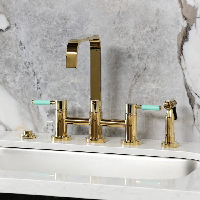 Kingston Sona KS8252DKLBS - Kaiser Two-Handle 4-Hole Deck Mount Bridge Kitchen Faucet with Brass Sprayer, Polished Brass