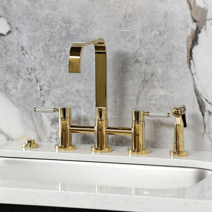 Kingston Sona KS8252DKLBS - Kaiser Two-Handle 4-Hole Deck Mount Bridge Kitchen Faucet with Brass Sprayer, Polished Brass