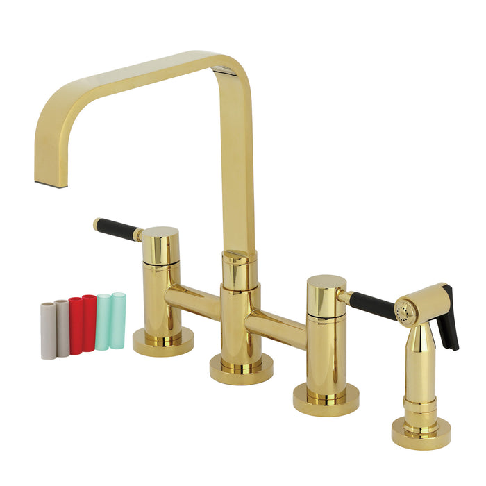 Kingston Sona KS8252DKLBS - Kaiser Two-Handle 4-Hole Deck Mount Bridge Kitchen Faucet with Brass Sprayer, Polished Brass
