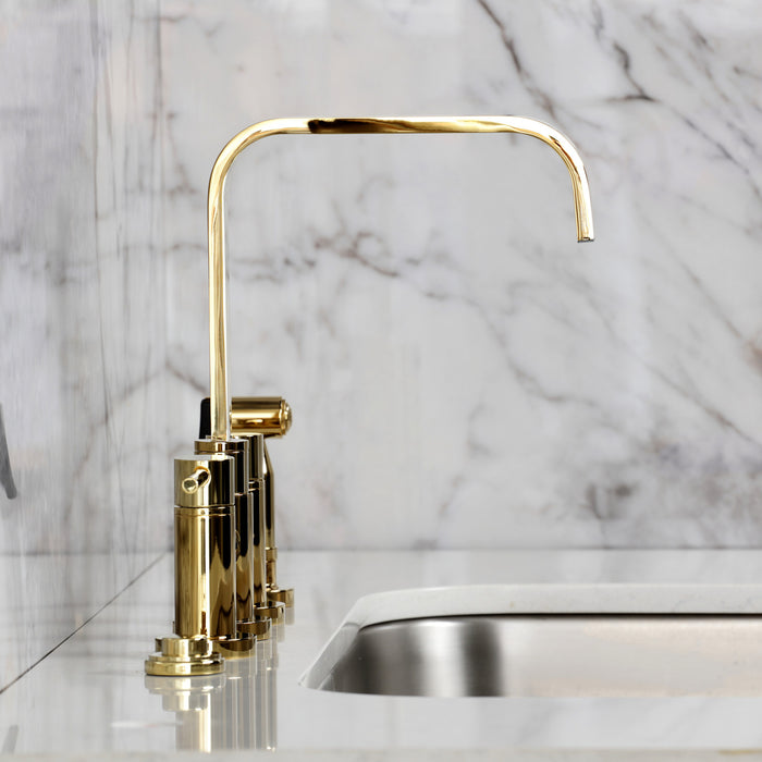 Kingston Sona KS8252DLBS - Concord Two-Handle 4-Hole Deck Mount Bridge Kitchen Faucet with Brass Sprayer, Polished Brass
