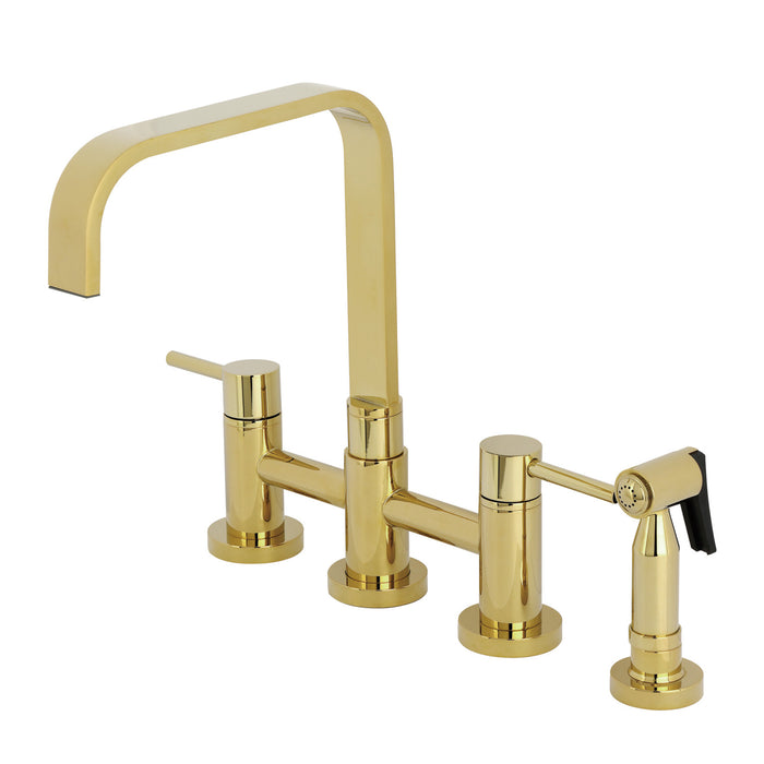 Kingston Sona KS8252DLBS - Concord Two-Handle 4-Hole Deck Mount Bridge Kitchen Faucet with Brass Sprayer, Polished Brass
