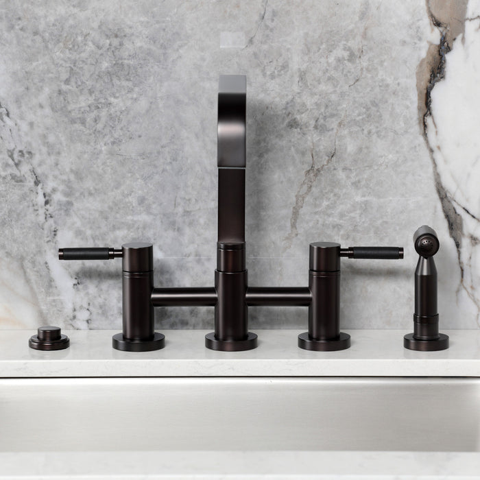 Kingston Sona KS8255DKLBS - Kaiser Two-Handle 4-Hole Deck Mount Bridge Kitchen Faucet with Brass Sprayer, Oil Rubbed Bronze
