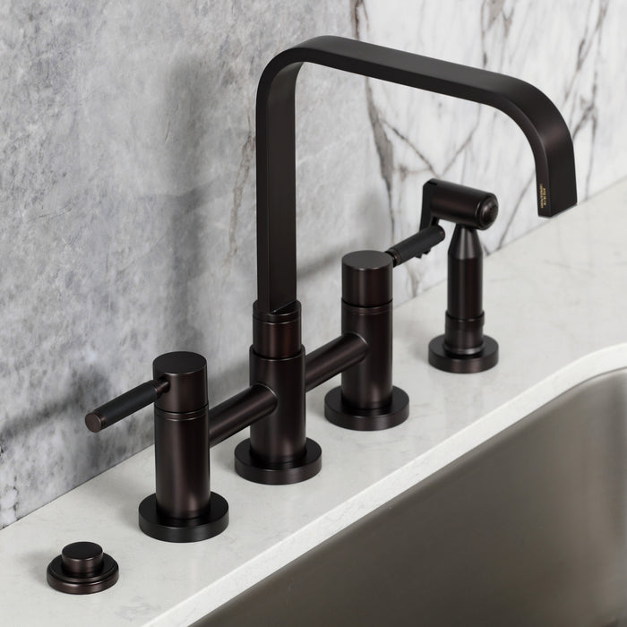 Kingston Sona KS8255DKLBS - Kaiser Two-Handle 4-Hole Deck Mount Bridge Kitchen Faucet with Brass Sprayer, Oil Rubbed Bronze