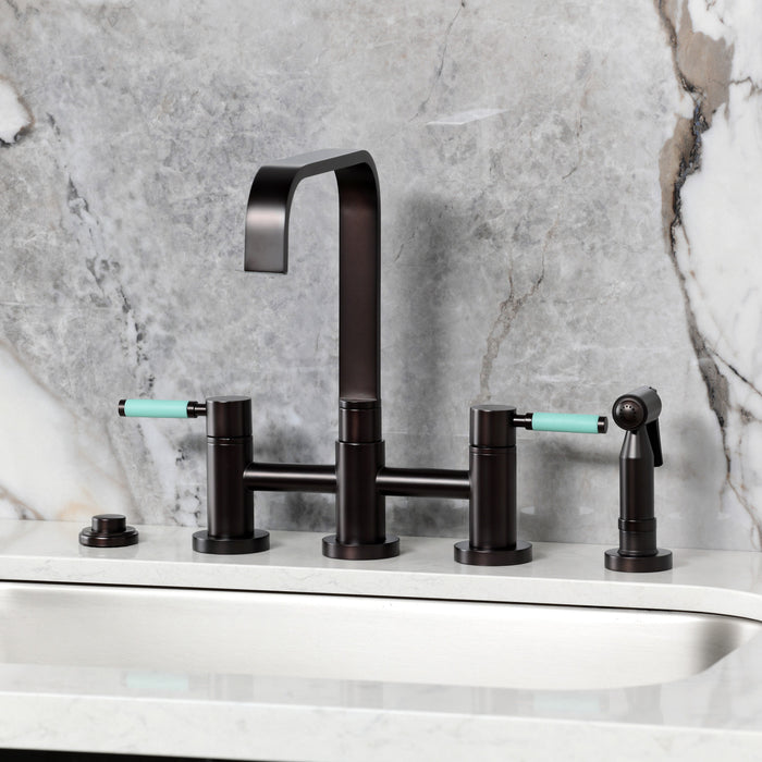 Kingston Sona KS8255DKLBS - Kaiser Two-Handle 4-Hole Deck Mount Bridge Kitchen Faucet with Brass Sprayer, Oil Rubbed Bronze