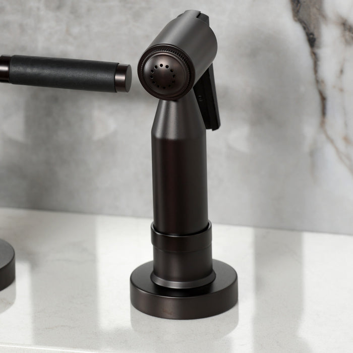 Kingston Sona KS8255DKLBS - Kaiser Two-Handle 4-Hole Deck Mount Bridge Kitchen Faucet with Brass Sprayer, Oil Rubbed Bronze