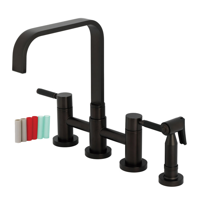 Kingston Sona KS8255DKLBS - Kaiser Two-Handle 4-Hole Deck Mount Bridge Kitchen Faucet with Brass Sprayer, Oil Rubbed Bronze