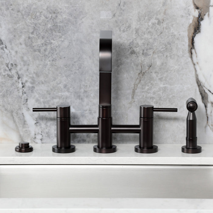Kingston Sona KS8255DLBS - Concord Two-Handle 4-Hole Deck Mount Bridge Kitchen Faucet with Brass Sprayer, Oil Rubbed Bronze