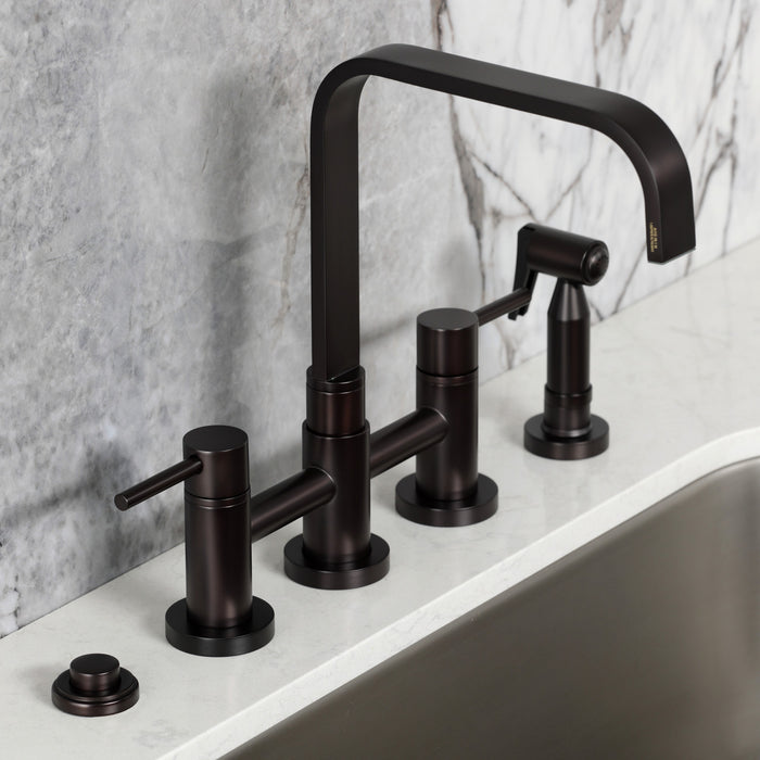 Kingston Sona KS8255DLBS - Concord Two-Handle 4-Hole Deck Mount Bridge Kitchen Faucet with Brass Sprayer, Oil Rubbed Bronze