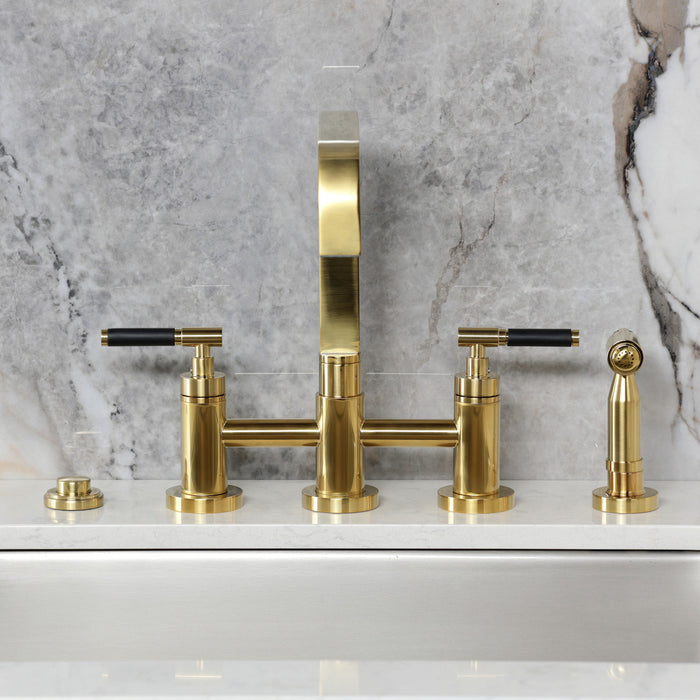 Kingston Sona KS8257CKLBS - Kaiser Two-Handle 4-Hole Deck Mount Bridge Kitchen Faucet with Brass Sprayer, Brushed Brass