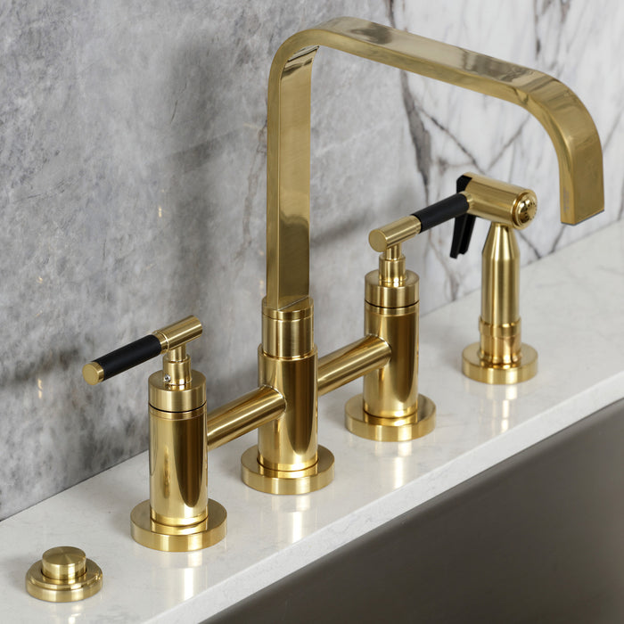 Kingston Sona KS8257CKLBS - Kaiser Two-Handle 4-Hole Deck Mount Bridge Kitchen Faucet with Brass Sprayer, Brushed Brass