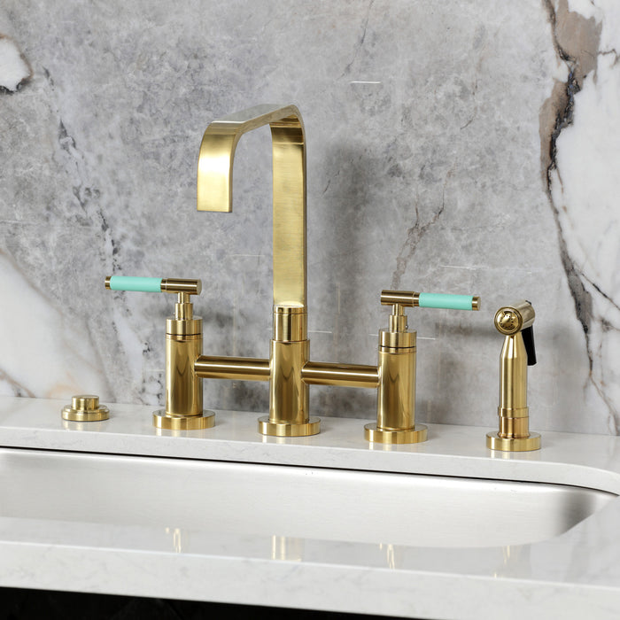 Kingston Sona KS8257CKLBS - Kaiser Two-Handle 4-Hole Deck Mount Bridge Kitchen Faucet with Brass Sprayer, Brushed Brass