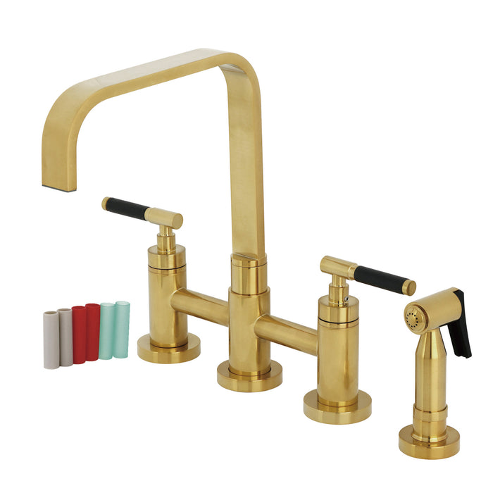 Kingston Sona KS8257CKLBS - Kaiser Two-Handle 4-Hole Deck Mount Bridge Kitchen Faucet with Brass Sprayer, Brushed Brass