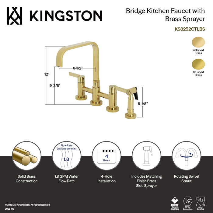 Kingston Sona KS8257CTLBS - Continental Two-Handle 4-Hole Deck Mount Bridge Kitchen Faucet with Brass Sprayer, Brushed Brass
