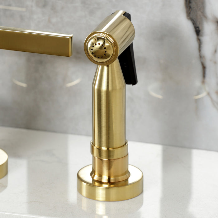 Kingston Sona KS8257CTLBS - Continental Two-Handle 4-Hole Deck Mount Bridge Kitchen Faucet with Brass Sprayer, Brushed Brass