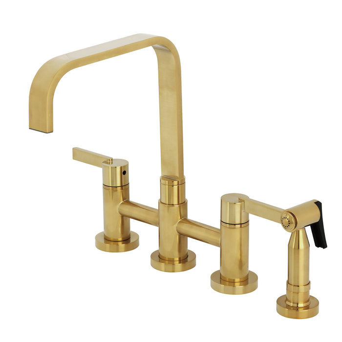Kingston Sona KS8257CTLBS - Continental Two-Handle 4-Hole Deck Mount Bridge Kitchen Faucet with Brass Sprayer, Brushed Brass
