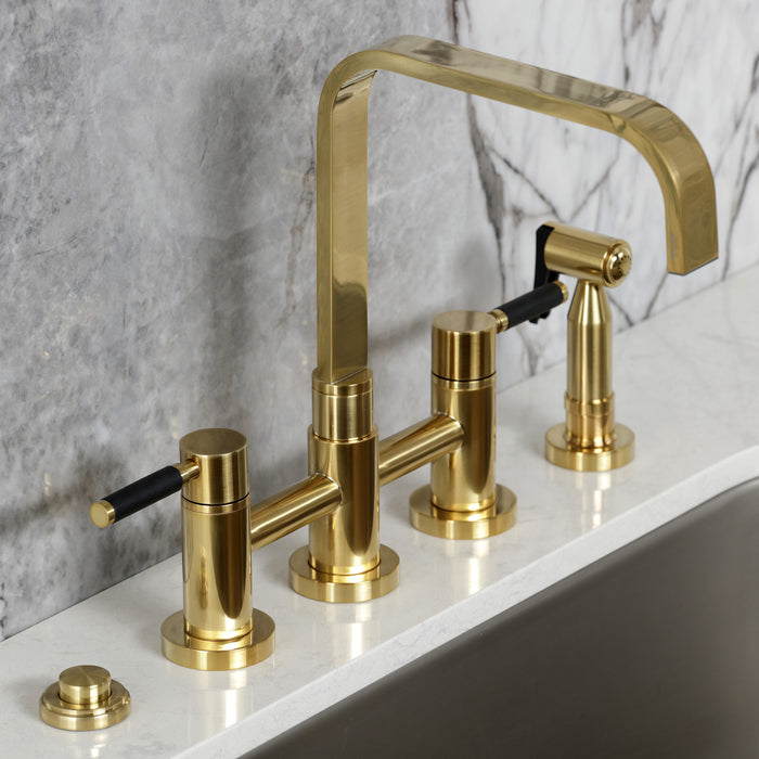 Kingston Sona KS8257DKLBS - Kaiser Two-Handle 4-Hole Deck Mount Bridge Kitchen Faucet with Brass Sprayer, Brushed Brass