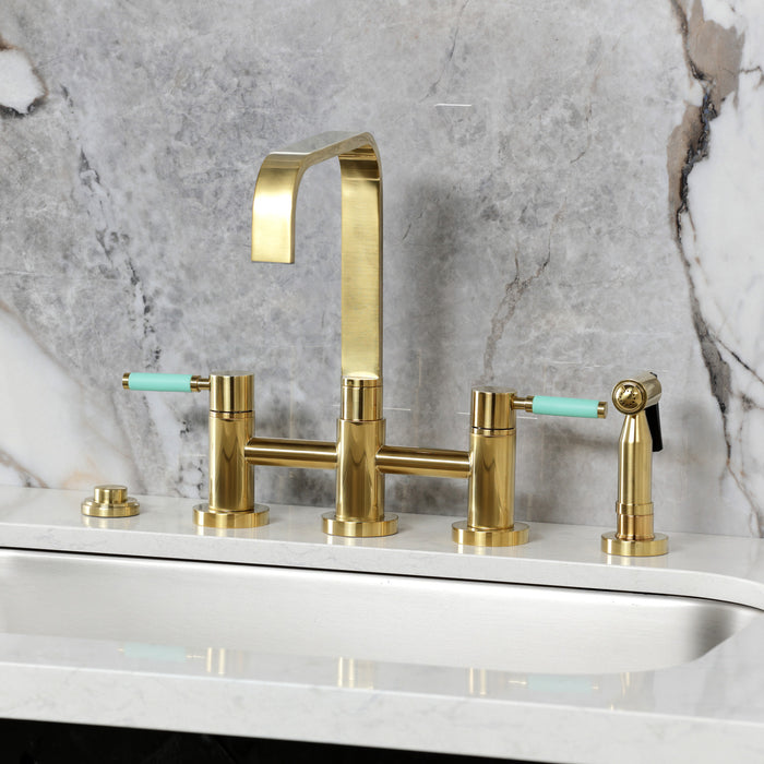 Kingston Sona KS8257DKLBS - Kaiser Two-Handle 4-Hole Deck Mount Bridge Kitchen Faucet with Brass Sprayer, Brushed Brass