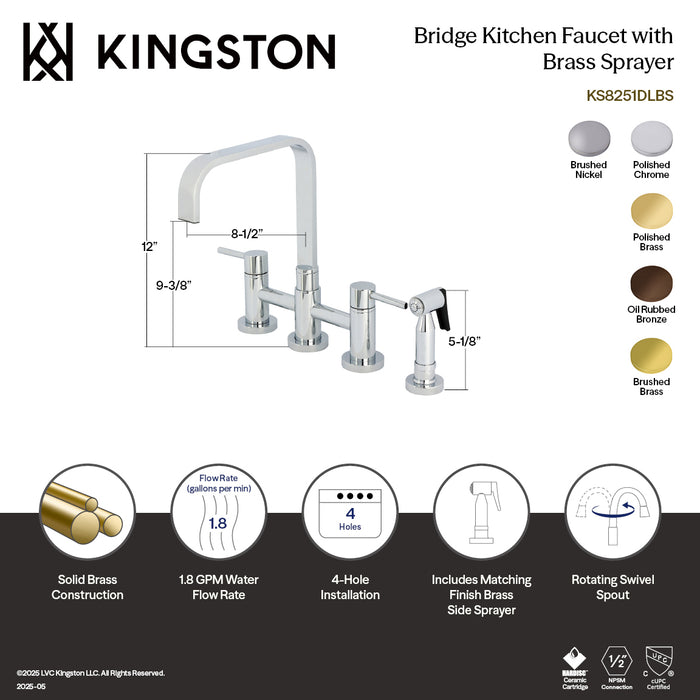 Kingston Sona KS8257DLBS - Concord Two-Handle 4-Hole Deck Mount Bridge Kitchen Faucet with Brass Sprayer, Brushed Brass