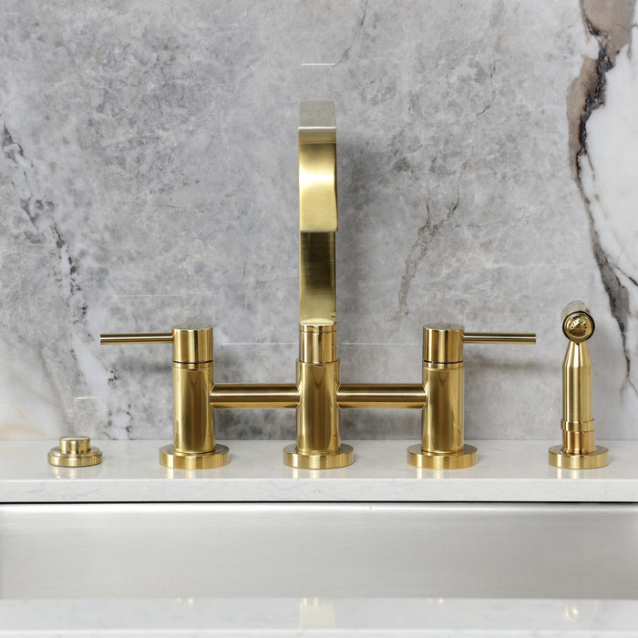 Kingston Sona KS8257DLBS - Concord Two-Handle 4-Hole Deck Mount Bridge Kitchen Faucet with Brass Sprayer, Brushed Brass