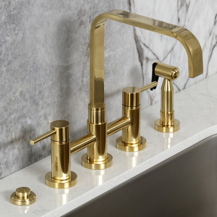 Kingston Sona KS8257DLBS - Concord Two-Handle 4-Hole Deck Mount Bridge Kitchen Faucet with Brass Sprayer, Brushed Brass
