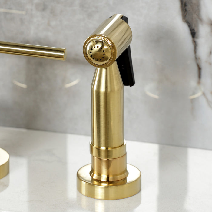 Kingston Sona KS8257DLBS - Concord Two-Handle 4-Hole Deck Mount Bridge Kitchen Faucet with Brass Sprayer, Brushed Brass