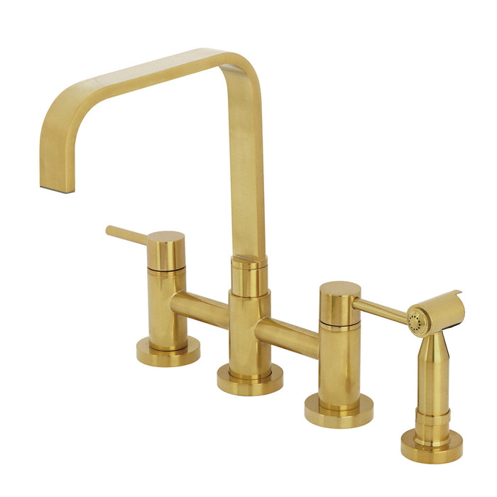 Kingston Sona KS8257DLBS - Concord Two-Handle 4-Hole Deck Mount Bridge Kitchen Faucet with Brass Sprayer, Brushed Brass