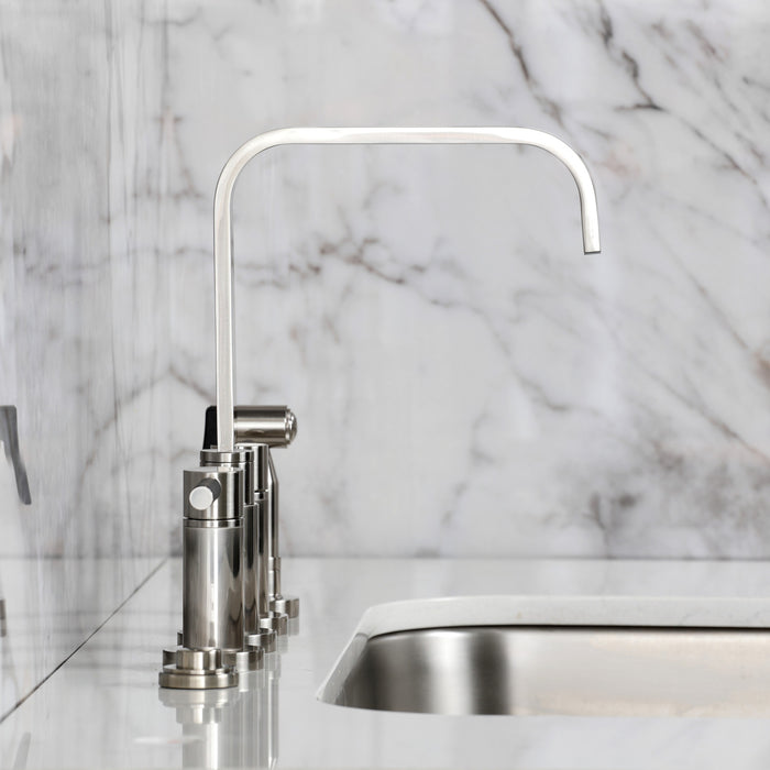 Kingston Sona KS8258DKLBS - Kaiser Two-Handle 4-Hole Deck Mount Bridge Kitchen Faucet with Brass Sprayer, Brushed Nickel