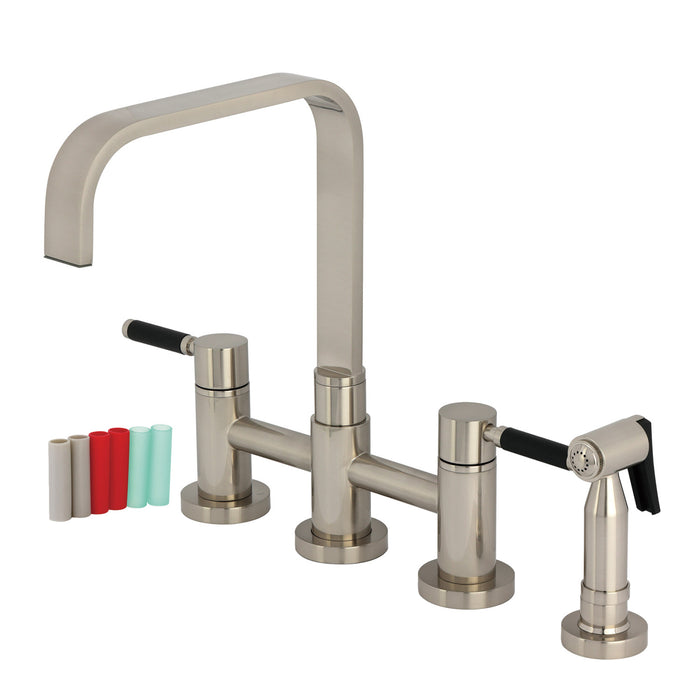 Kingston Sona KS8258DKLBS - Kaiser Two-Handle 4-Hole Deck Mount Bridge Kitchen Faucet with Brass Sprayer, Brushed Nickel