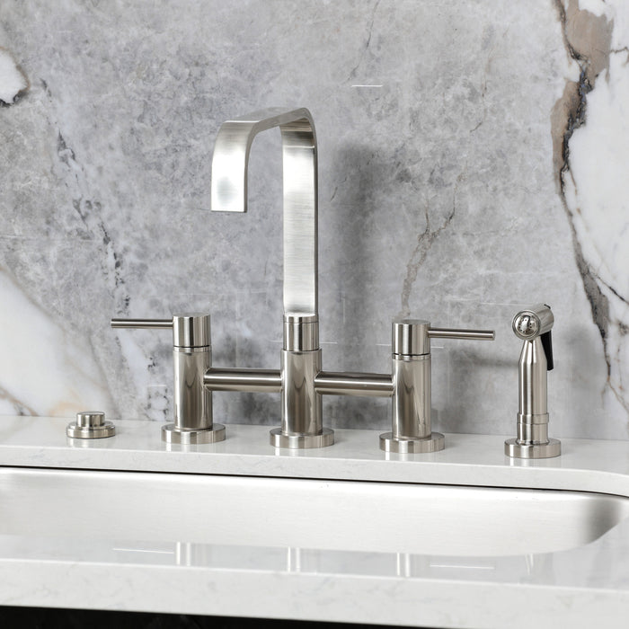 Kingston Sona KS8258DLBS - Concord Two-Handle 4-Hole Deck Mount Bridge Kitchen Faucet with Brass Sprayer, Brushed Nickel