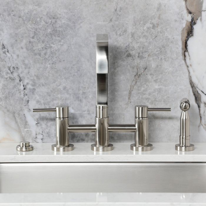 Kingston Sona KS8258DLBS - Concord Two-Handle 4-Hole Deck Mount Bridge Kitchen Faucet with Brass Sprayer, Brushed Nickel