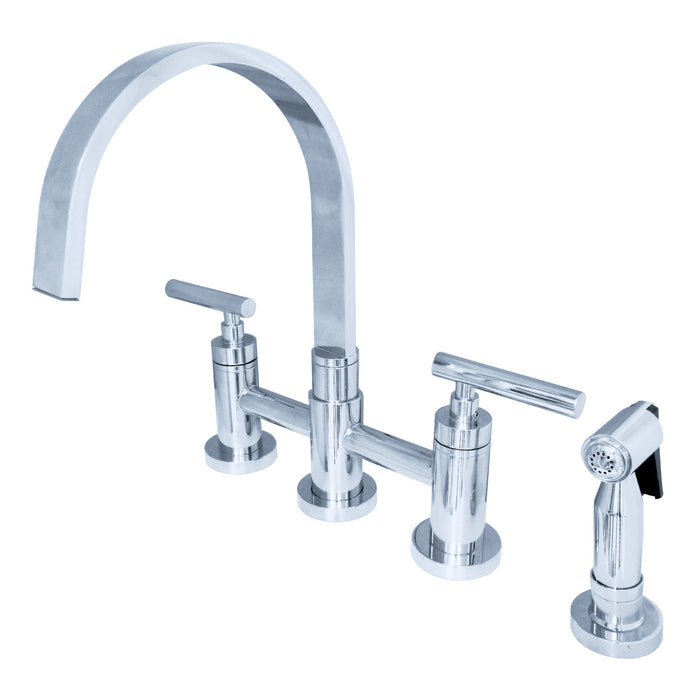 Kingston Sona KS8261CMLBS - Manhattan Two-Handle 4-Hole Deck Mount Bridge Kitchen Faucet with Brass Sprayer, Polished Chrome