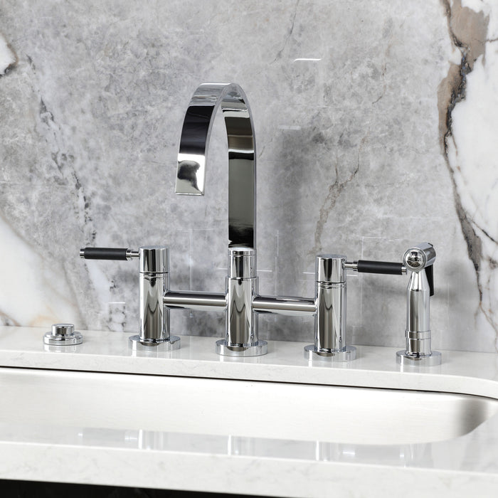 Kingston Sona KS8261DKLBS - Kaiser Two-Handle 4-Hole Deck Mount Bridge Kitchen Faucet with Brass Sprayer, Polished Chrome