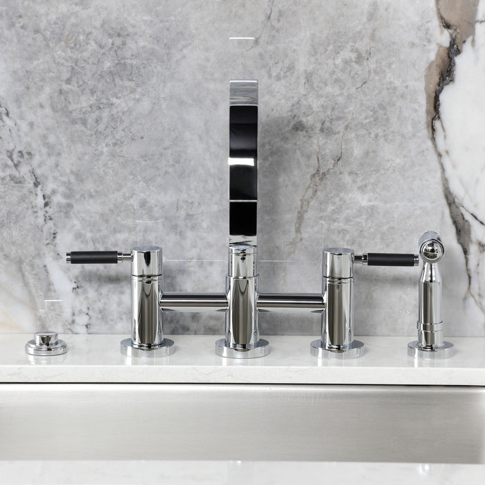 Kingston Sona KS8261DKLBS - Kaiser Two-Handle 4-Hole Deck Mount Bridge Kitchen Faucet with Brass Sprayer, Polished Chrome