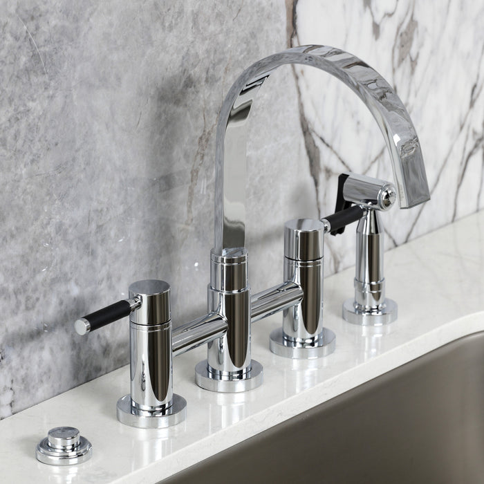 Kingston Sona KS8261DKLBS - Kaiser Two-Handle 4-Hole Deck Mount Bridge Kitchen Faucet with Brass Sprayer, Polished Chrome
