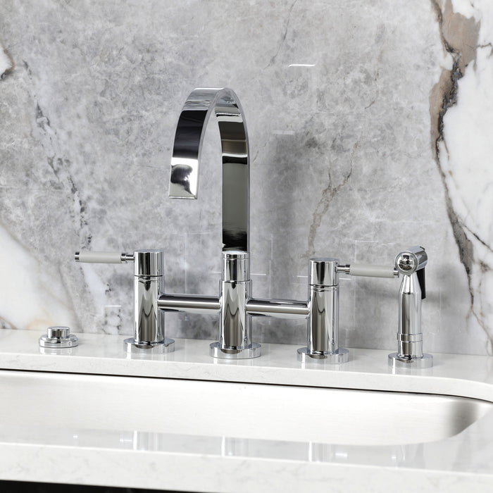 Kingston Sona KS8261DKLBS - Kaiser Two-Handle 4-Hole Deck Mount Bridge Kitchen Faucet with Brass Sprayer, Polished Chrome