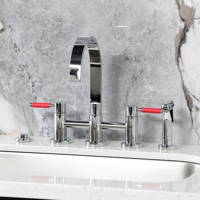Kingston Sona KS8261DKLBS - Kaiser Two-Handle 4-Hole Deck Mount Bridge Kitchen Faucet with Brass Sprayer, Polished Chrome