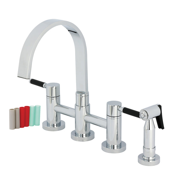 Kingston Sona KS8261DKLBS - Kaiser Two-Handle 4-Hole Deck Mount Bridge Kitchen Faucet with Brass Sprayer, Polished Chrome